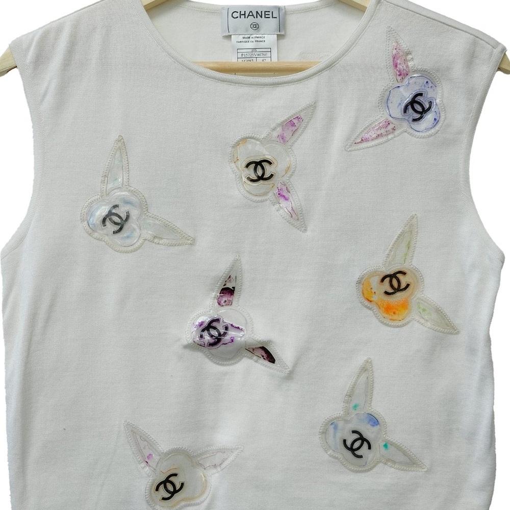 CHANEL Multicolor Camelia Flower Top  White Cotton Shirt 42 6 8 Small Medium EUC